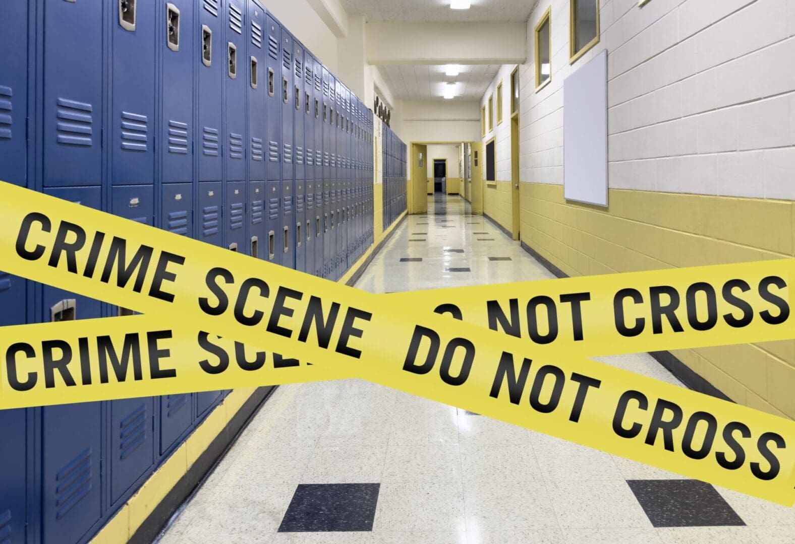 A hallway with blue lockers and yellow tape.